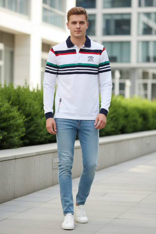 White long-sleeve polo shirt with colorful stripes on a white background, featuring the Tace & Shark brand.