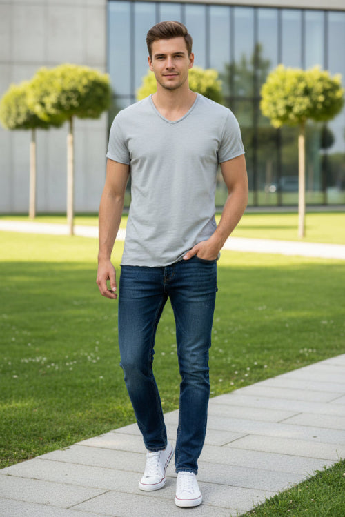 Gray t-shirt with a V-neck on a white background