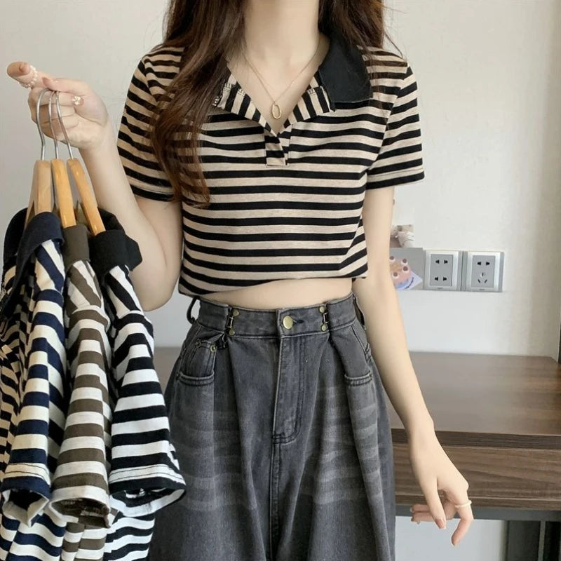 Chic V Neck Short Length Striped Short Sleeve Polo T Shirt For Women Summer 2026 New Niche Top