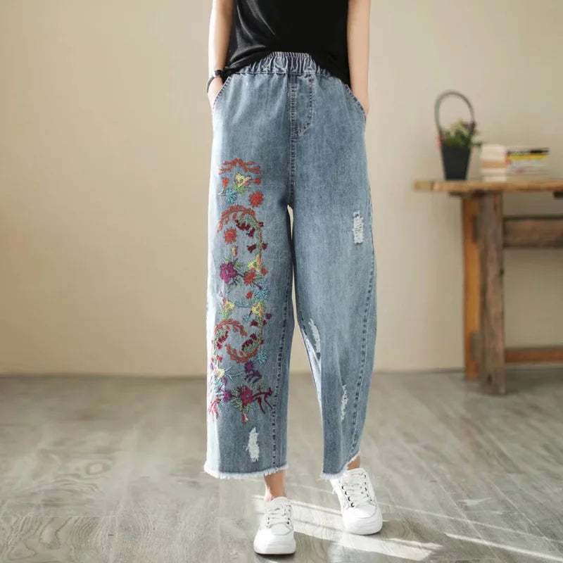 Spring Summer Ethnic Style Vintage Floral Embroidery Denim Wide Leg Pants Women High Elastic Waist Hole Casual Straight Jeans