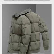 An olive green puffer jacket displayed on a gray mannequin form against a gray background, with the text 'Model display' at the top.