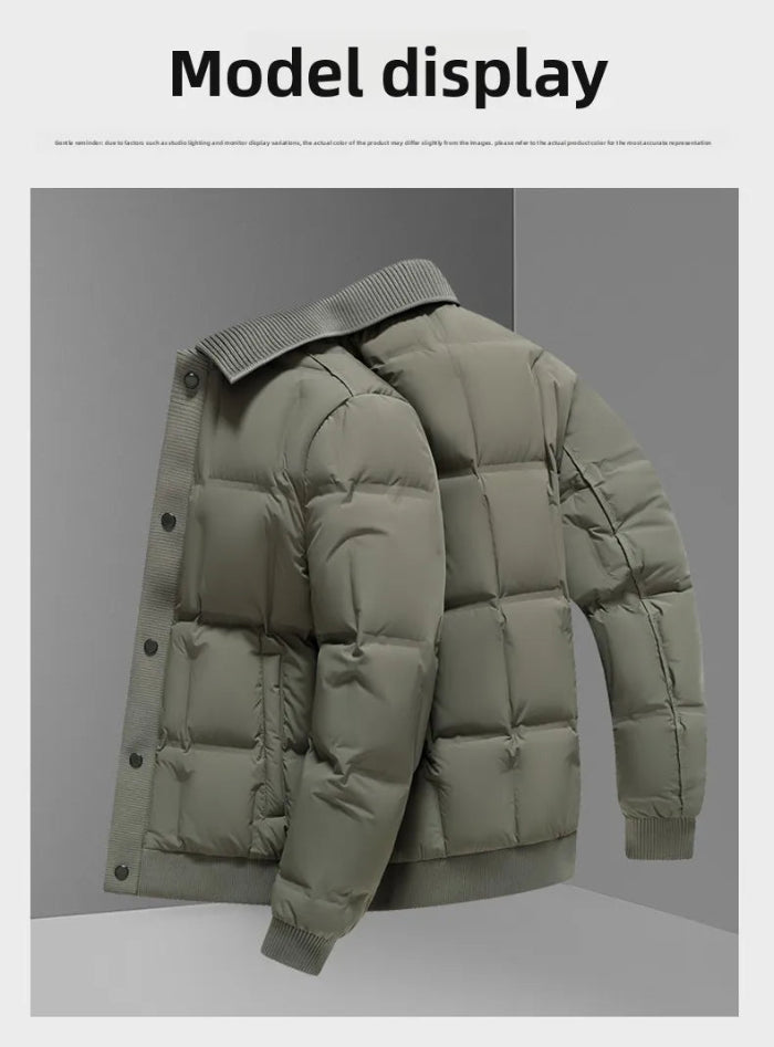 An olive green puffer jacket displayed on a gray mannequin form against a gray background, with the text 'Model display' at the top.