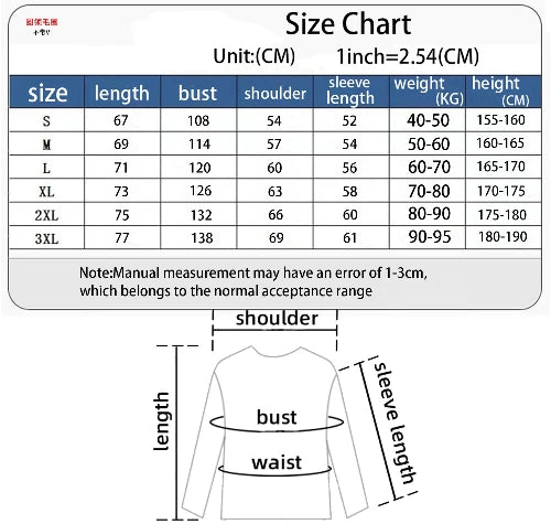 Size chart for clothing with measurements in centimeters and inches.