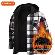A men's hooded jacket with a black and gray plaid pattern on the front and sleeves, a solid black interior lining, and a flame 