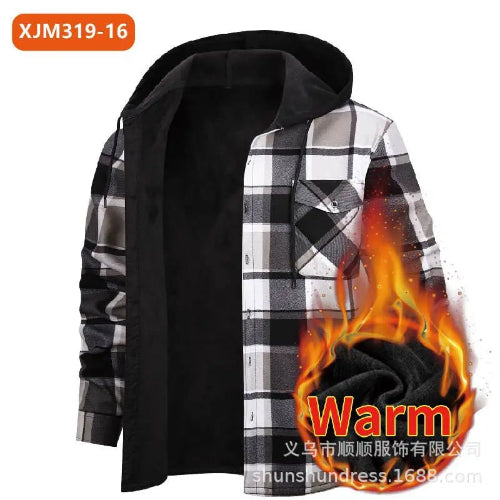 A men's hooded jacket with a black and gray plaid pattern on the front and sleeves, a solid black interior lining, and a flame 