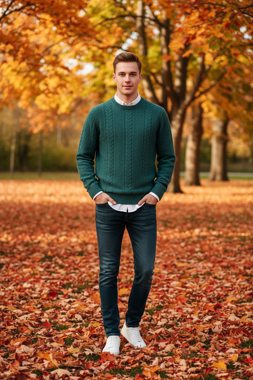 Green cable knit sweater on a wooden hanger against a white background