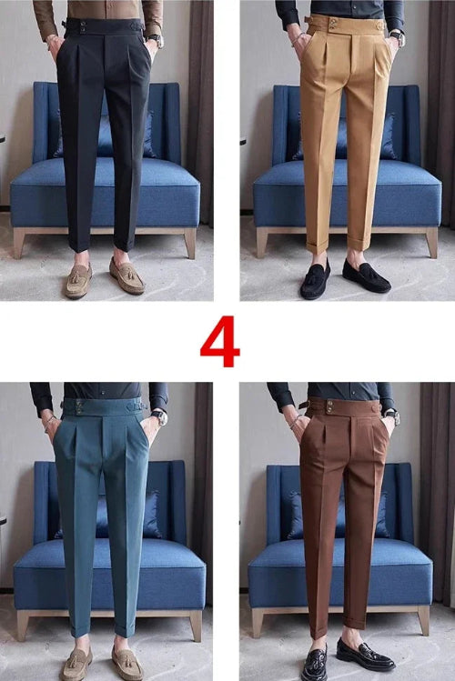 Four pairs of pants shown on a person sitting on a blue chair.