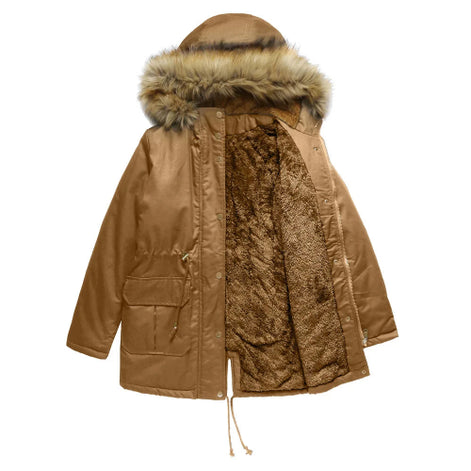 Brown parka coat with fur-lined hood and interior on a white background