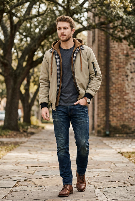 Beige jacket with plaid lining and brown accents on a white background