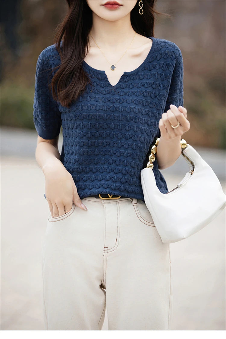 Women's T-shirt Summer New 100% Pure Cotton Tees Casual Solid Knitted Short sleeved V-neck Pullover Loose Tops Fashion Sweater