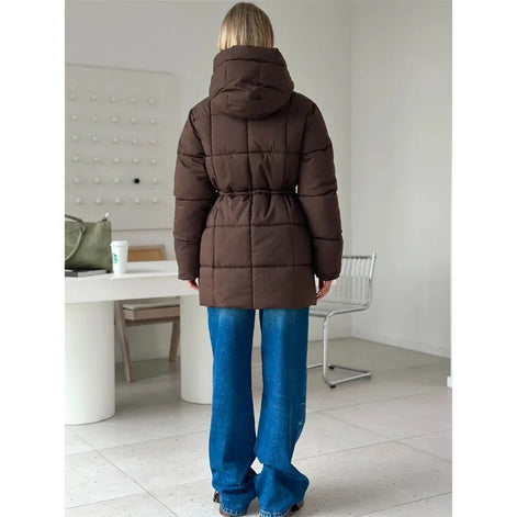 Brown Hooded Quilted Cotton Jacket Fashion Waist Cinch Drawstring Zip Pocket Warm Coat 2026 Women's Winter Casual Street Outfit