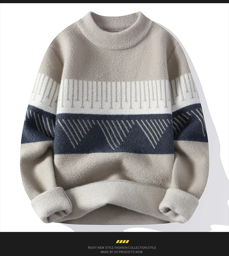 Beige and blue striped sweater on a white background