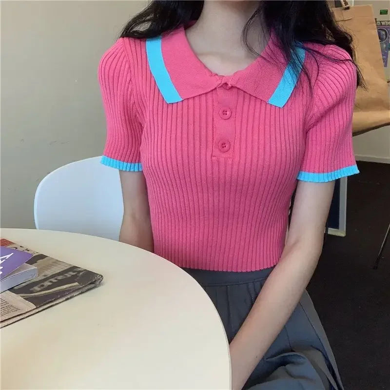 Women's Polo Shirts Sexy Crop Top Button Female Tee Knitted Slim with T-shirts Collar Korean Clothing Pulovers Trend 2025 Summer