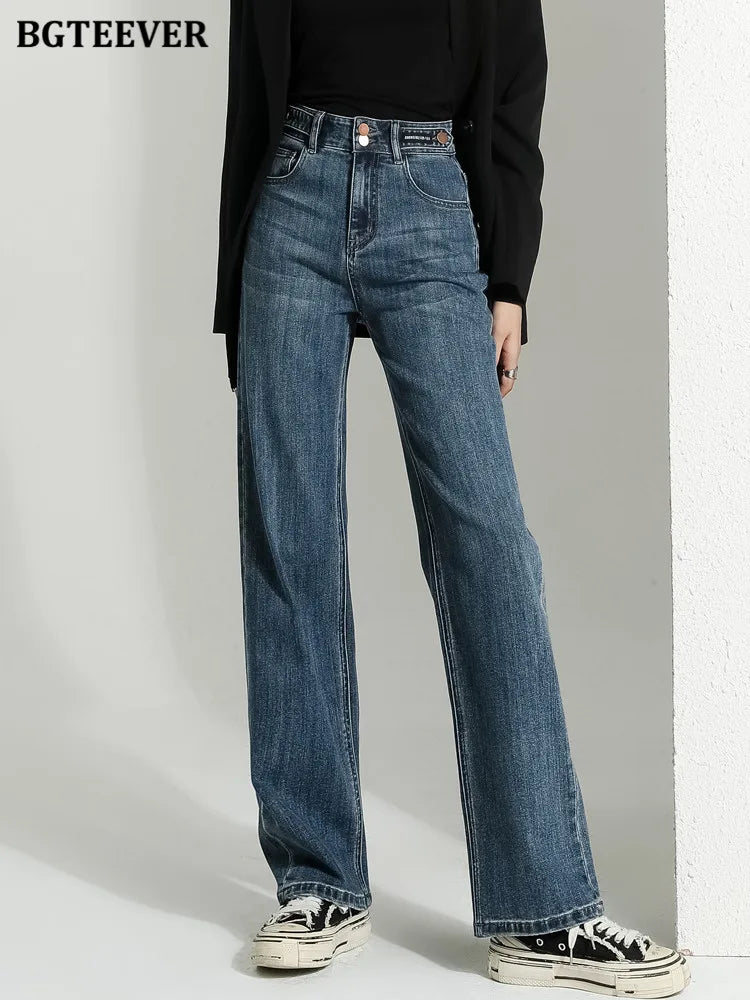 BGTEEVER Vintage Double Buttons Straight Jeans Pants Women Spring Autumn High Waist Loose Pockets Female Wide Leg Denim Trousers