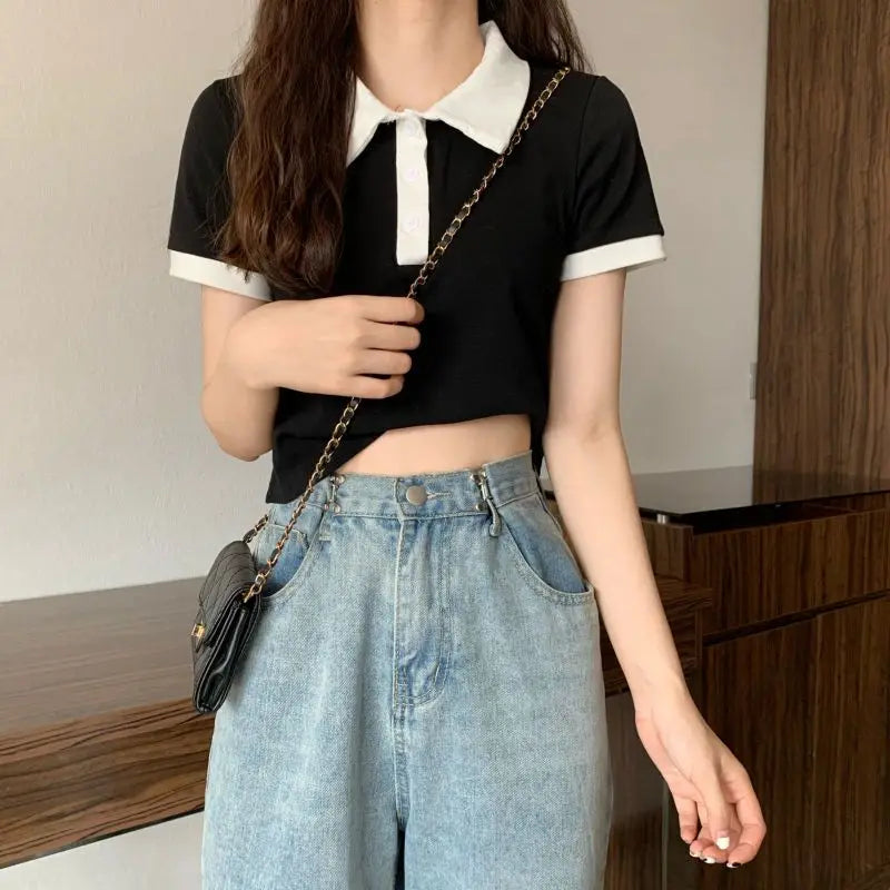 Summer 2026 Women New Arrival Slim Fit Versatile Polo Collar Color Block Short T Shirt Short Sleeve Unique Top Ins Trendy
