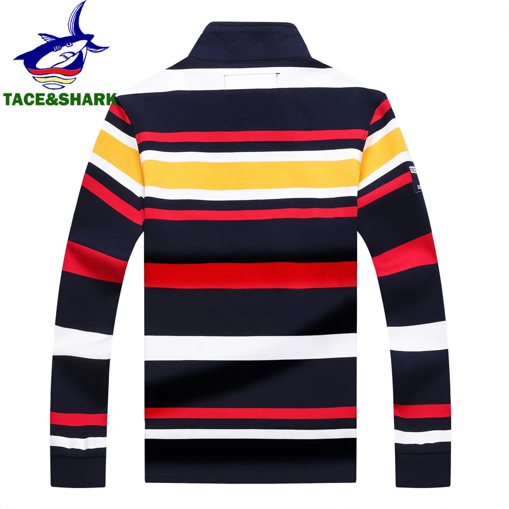 TACE&SHARK Brand Men‘s Casual Long Sleeve Striped Polo Shirt Cotton Blend Knitted Top Fashion Business Embroidery