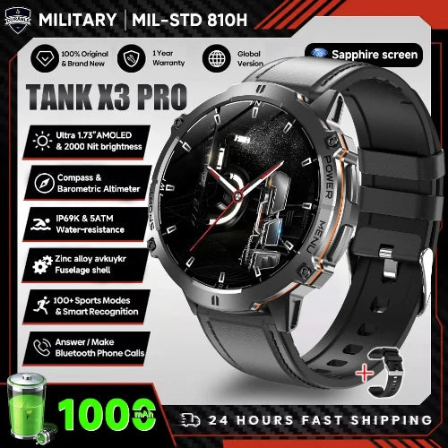Tank X3 Pro smartwatch with features listed on a promotional graphic