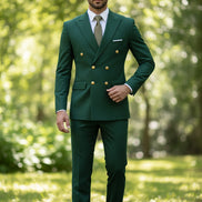 Green suit with gold buttons on a light gray background