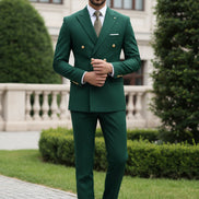 Green suit with gold buttons on a light gray background