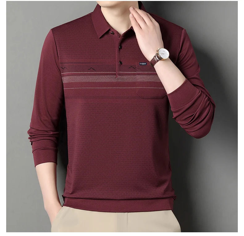 Luxury Wool Blend Fabric Men's Long Sleeve Polo  Classic