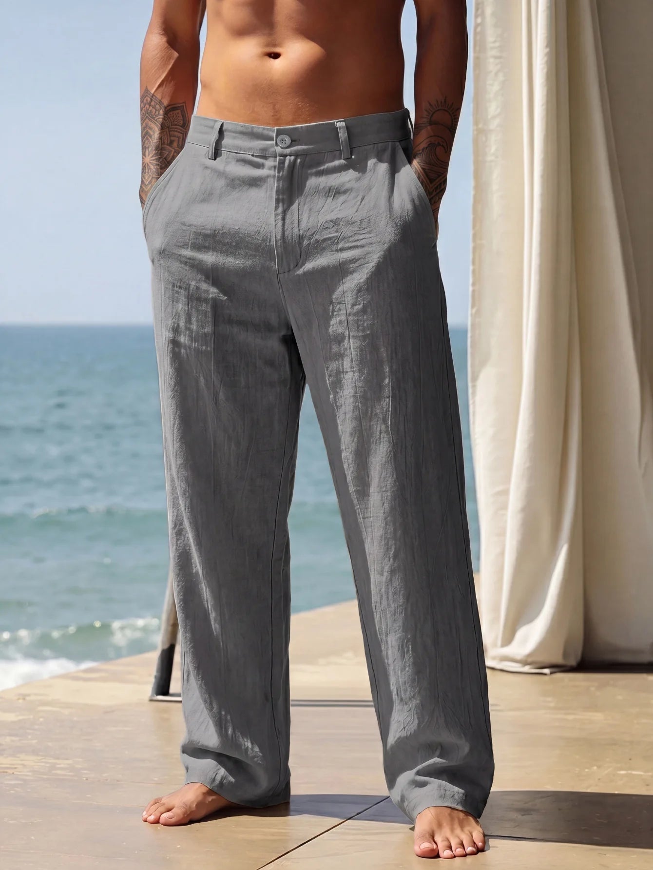 2026 New Amazon European and American men's linen solid color casual suit pants new fashion beach wide-leg trousers