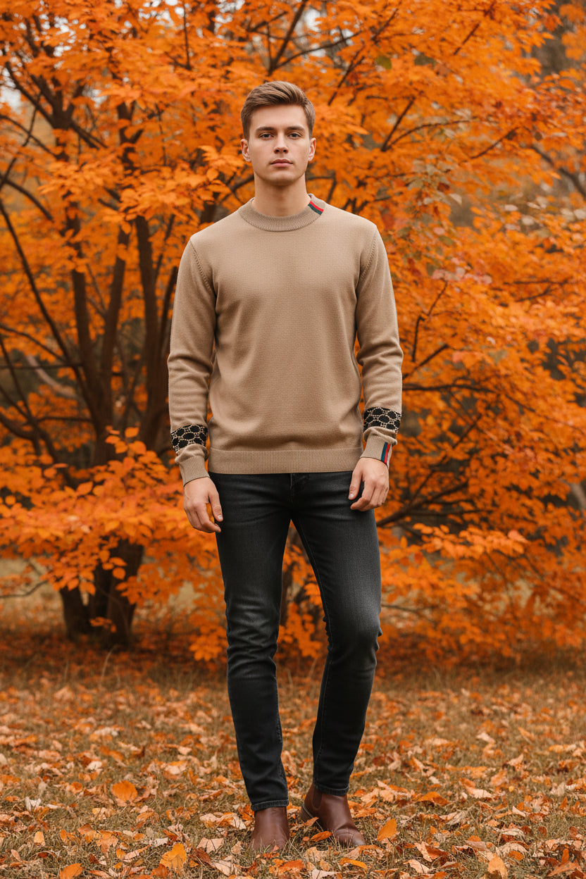 Beige sweater with a colorful band on the collar, held by a hand against a gray background.