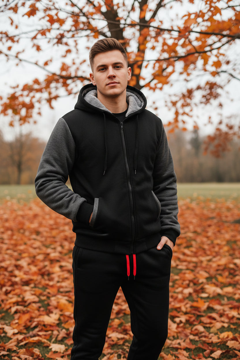 Black and gray hoodie with gray fleece lining and black pants with red drawstrings on a white background