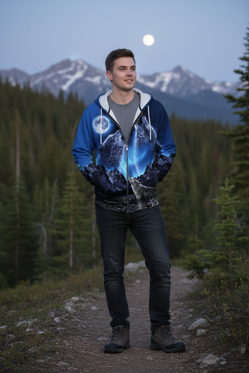 Hoodie with wolf and moon design on a white background