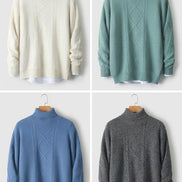 Four men's knit mock-neck sweaters shown in a color-show layout on a white background, labeled in Chinese as White, Flower Green, Blue, and AB Gray.
