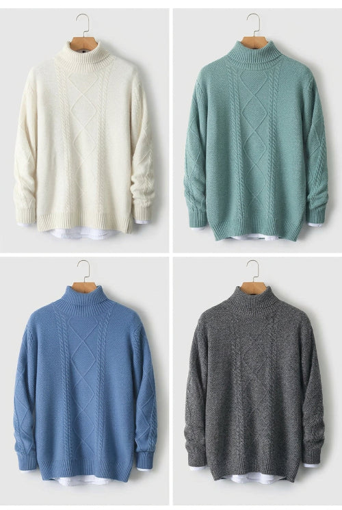 Four men's knit mock-neck sweaters shown in a color-show layout on a white background, labeled in Chinese as White, Flower Green, Blue, and AB Gray.