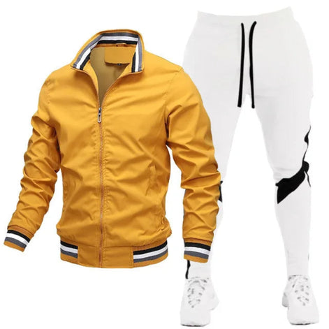 Yellow jacket and white pants with black accents on a white background