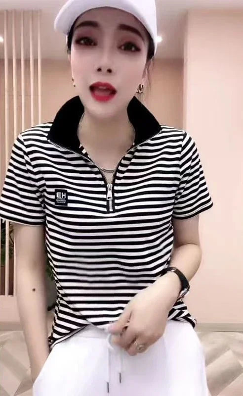 T-shirt Woman Short Sleeve Tee Clothing Green Polo Neck Shirts for Women Tops White Korean Style Polyester Luxury High Quality V