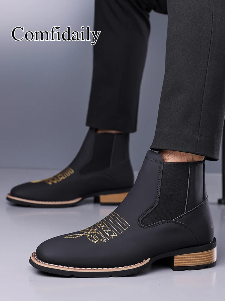Retro Men Chelsea Boots Classic Brown Embroidery Boots High Quality Business Casual British Style Street Western Ankle Boots