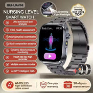 Smartwatch with features listed on a beige background