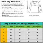 Size chart for long-sleeved polo shirts with measurement instructions and a diagram of a shirt.