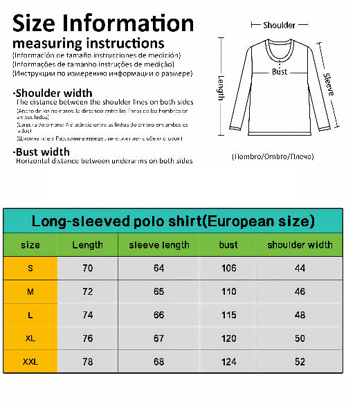 Size chart for long-sleeved polo shirts with measurement instructions and a diagram of a shirt.