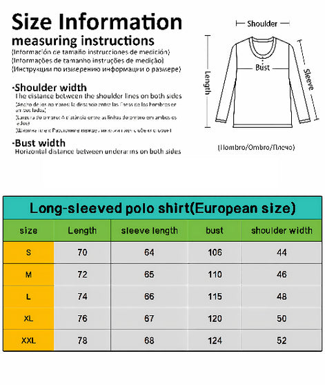 Size chart for long-sleeved polo shirts with measurement instructions and a diagram of a shirt.