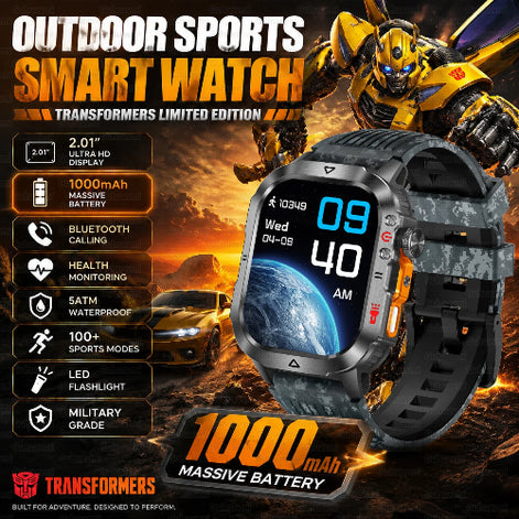 A Transformers-themed promotional graphic for an outdoor sports smart watch. The watch has a dark gray metallic case, 