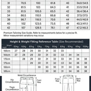 A size measurement chart and reference table for clothing, showing waist measurements in centimeters and inches 