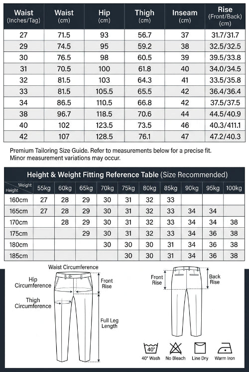 A size measurement chart and reference table for clothing, showing waist measurements in centimeters and inches 