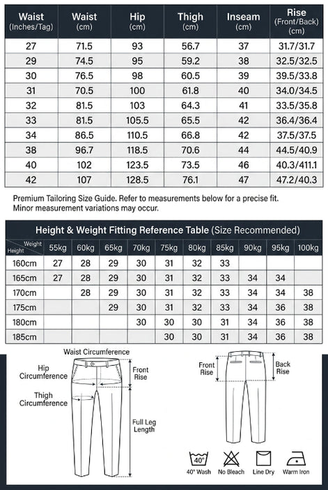 A size measurement chart and reference table for clothing, showing waist measurements in centimeters and inches 