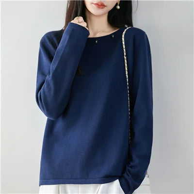 High end fashion 100% pure cotton women's sweater casual knitted round neck pullover autumn and winter solid color women's top