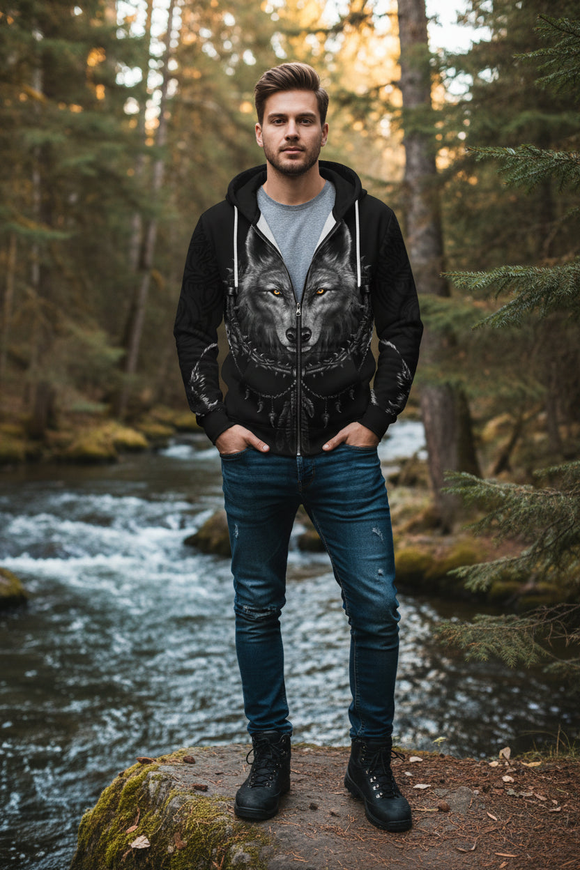 Black hoodie with a wolf design on a white background