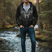 Black hoodie with a wolf design on a white background