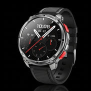 Smartwatch with black band and detailed features on a dark background