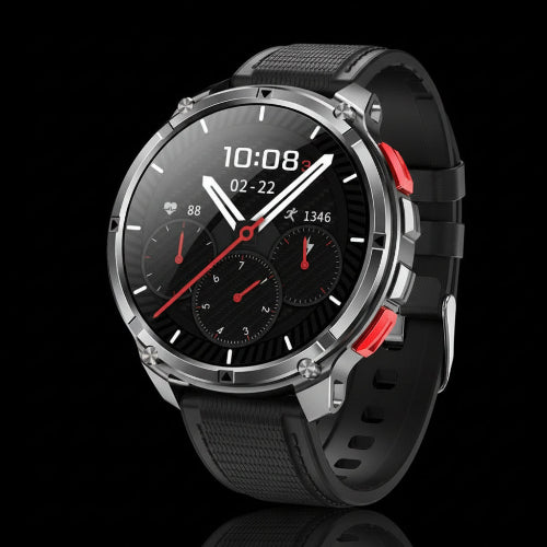 Smartwatch with black band and detailed features on a dark background
