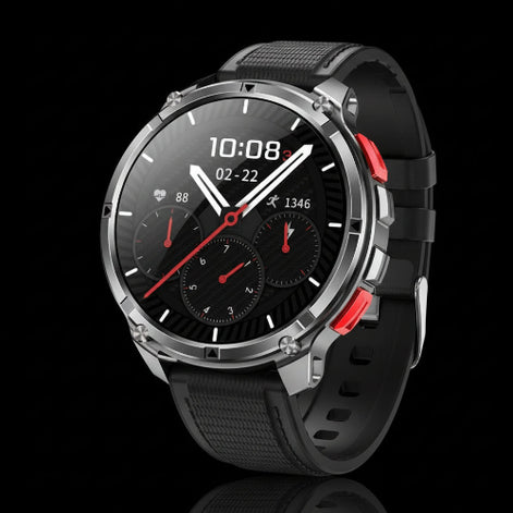 Smartwatch with black band and detailed features on a dark background