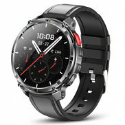 Smartwatch with black band and detailed features on a dark background