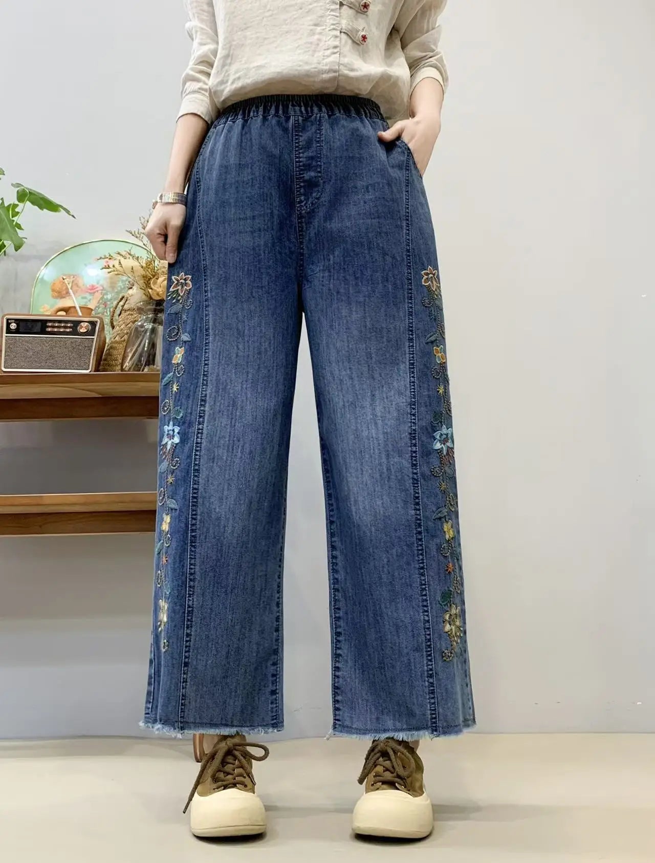 Spring Summer Ethnic Style Vintage Floral Embroidery Denim Wide Leg Pants Women High Elastic Waist Hole Casual Straight Jeans