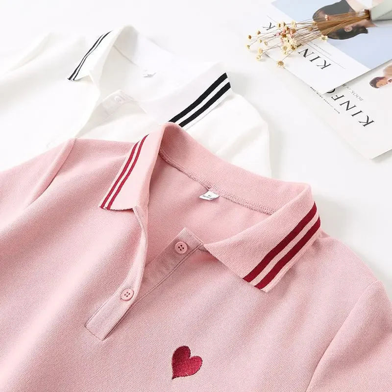 Polo Neck Shirt for Women Button 100℅ Cotton White Embroidery Baggy Woman T Pulovers High Quality Korean Popular Clothes Youth